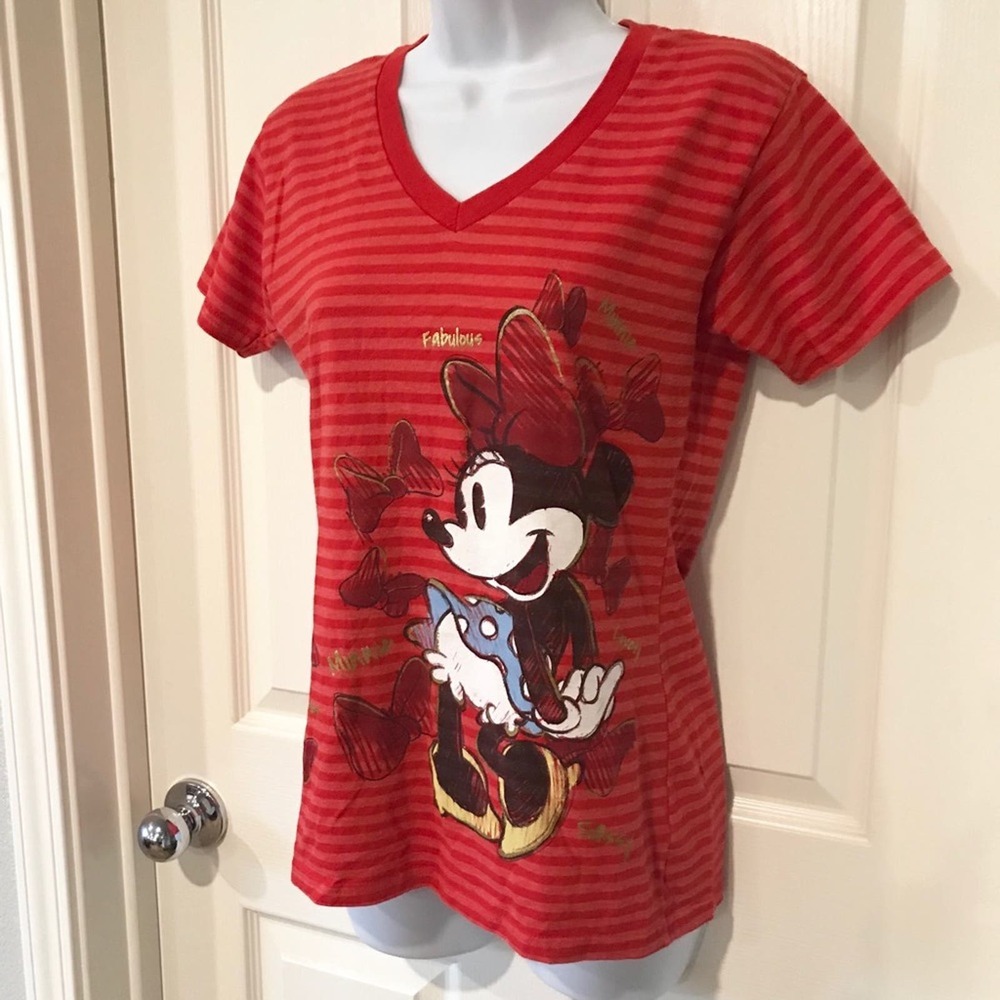 Disney Store Minnie Mouse red Striped V Neck tee S - Picture 2 of 4